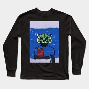 Expressive Male Character with Animal Mask and Green Eyes Reading a Blue Book Long Sleeve T-Shirt